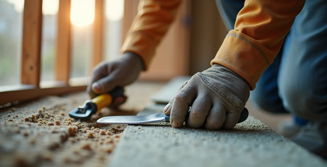 Vue macro réaliste d’ouvriers sur un chantier de rénovation en copropriété, avec outils et matériaux en avant-plan