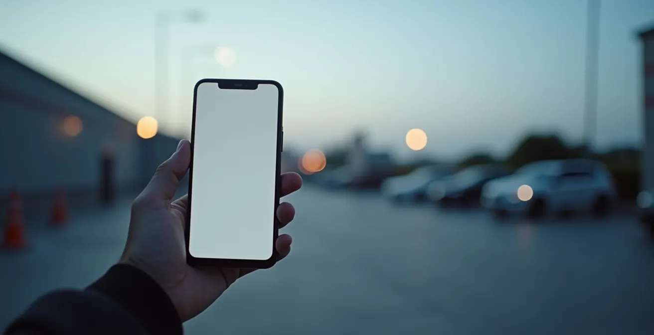 Un main tenant un téléphone mobile avec le numéro d'urgence du parking affiché, avec en arrière-plan flou un parking d'aéroport et une barrière, symbolisant la préparation aux imprévus