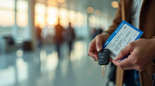 Une voiture garée devant l'aéroport Roissy Charles de Gaulle, avec un voyageur tenant un billet d'avion et un badge de parking, symbole de sérénité et d'organisation