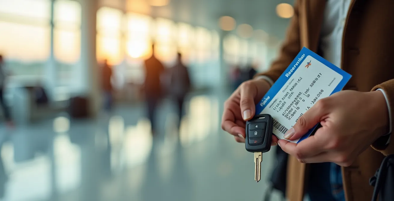 Une voiture garée devant l'aéroport Roissy Charles de Gaulle, avec un voyageur tenant un billet d'avion et un badge de parking, symbole de sérénité et d'organisation