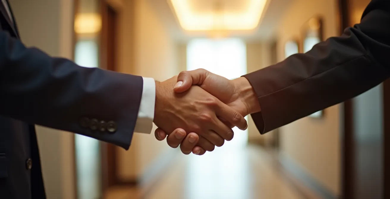 Poignée de main entre deux personnes dans un immeuble en copropriété symbolisant l’accord et la confiance collective