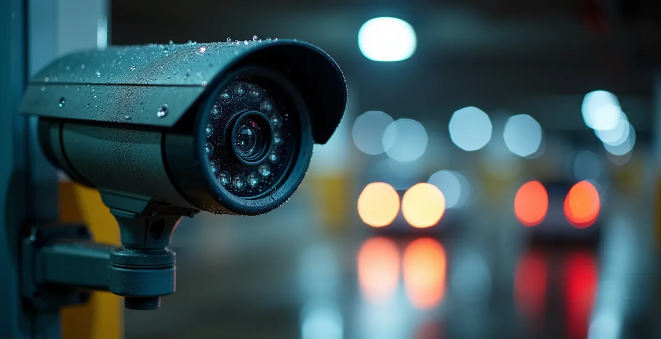 Représentation d'une caméra de surveillance et d'un badge de sécurité sur un parking fermé, symbolisant la surveillance permanente et le contrôle d'accès