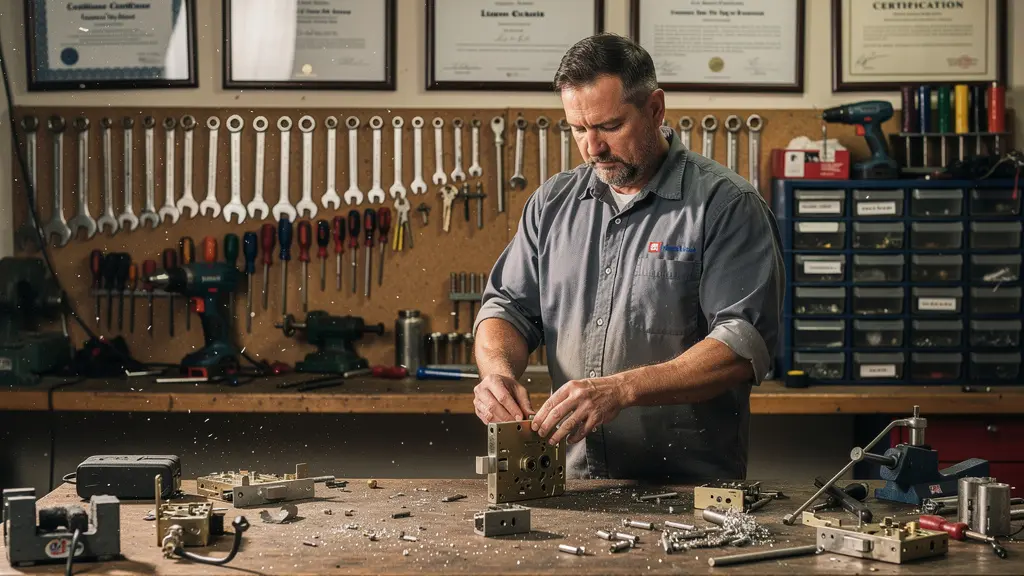 Atelier de serrurier professionnel avec certifications et outils organisés