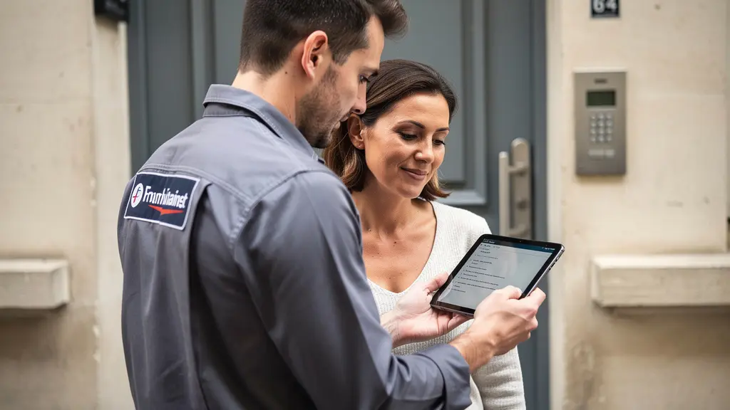 Serrurier présentant un devis sur tablette à une cliente sur le seuil de porte