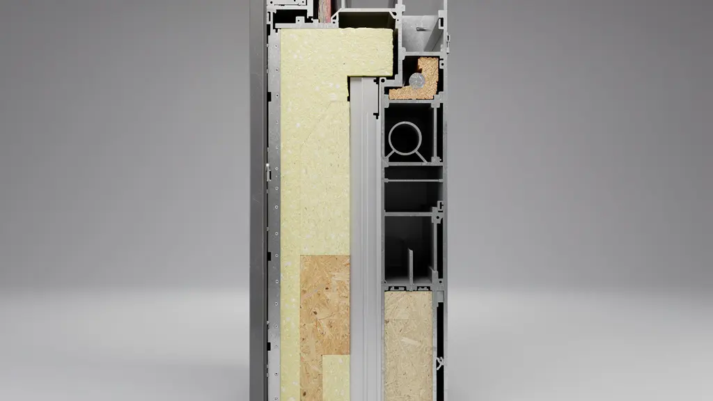 Coupe transversale d'une porte d'entrée isolée montrant les couches de polyuréthane