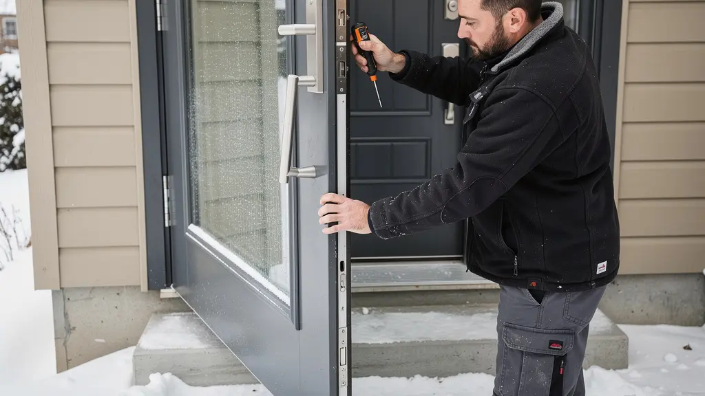 Installateur professionnel ajustant une porte d'entrée en fibre de verre au Québec