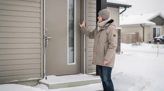 Propriétaire québécois examinant l'étanchéité de sa porte d'entrée en hiver