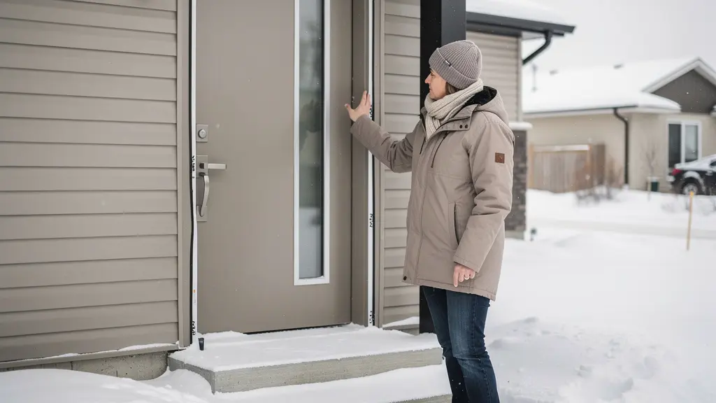 Propriétaire québécois examinant l'étanchéité de sa porte d'entrée en hiver