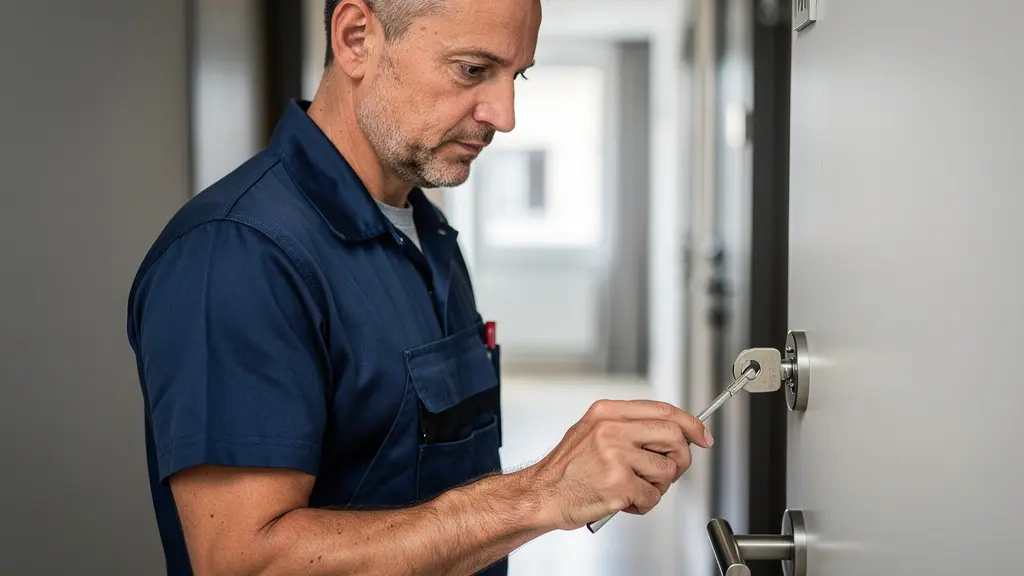 Serrurier certifié intervenant sur une porte d'entrée résidentielle