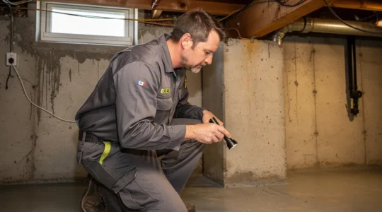 Technicien certifié inspectant le sous-sol d'une maison résidentielle à Mascouche