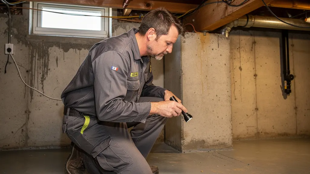Technicien certifié inspectant le sous-sol d'une maison résidentielle à Mascouche