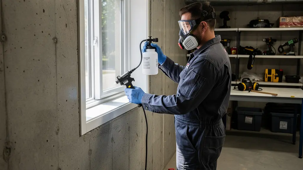 Professionnel appliquant un traitement préventif autour d'une fenêtre de sous-sol résidentiel