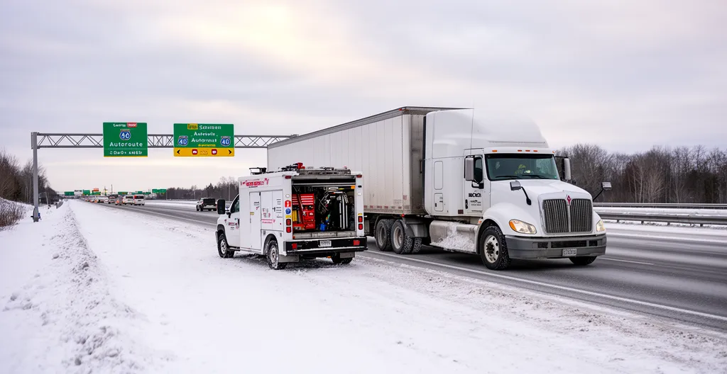 Camion de service mécanique mobile stationné derrière un poids lourd au Québec