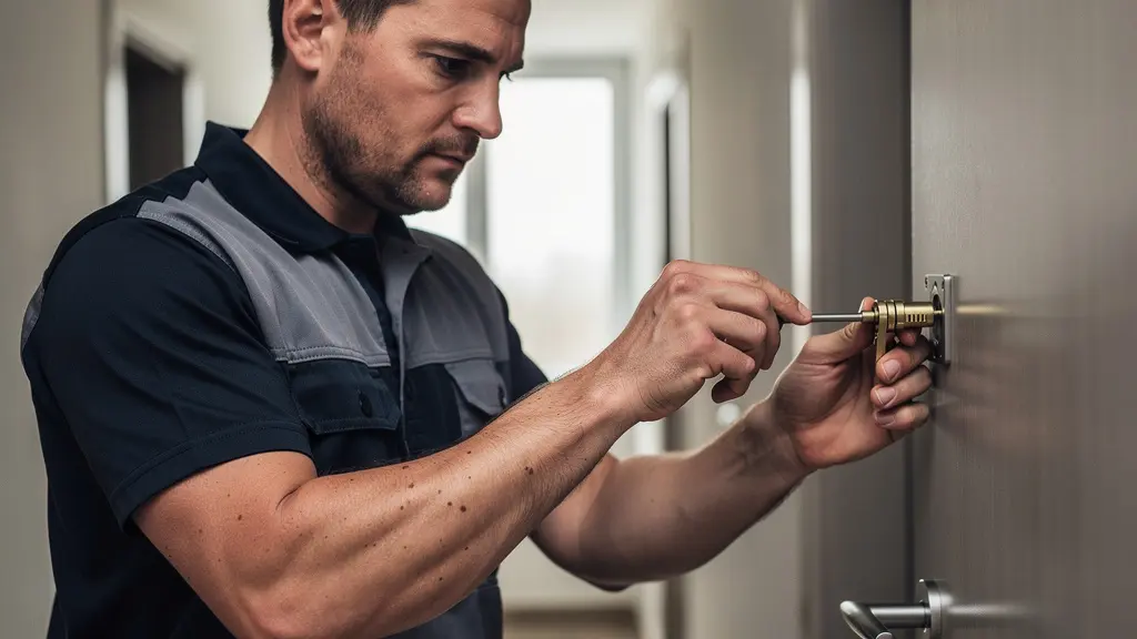 Serrurier professionnel inspectant une serrure de porte d'appartement en Haute-Savoie
