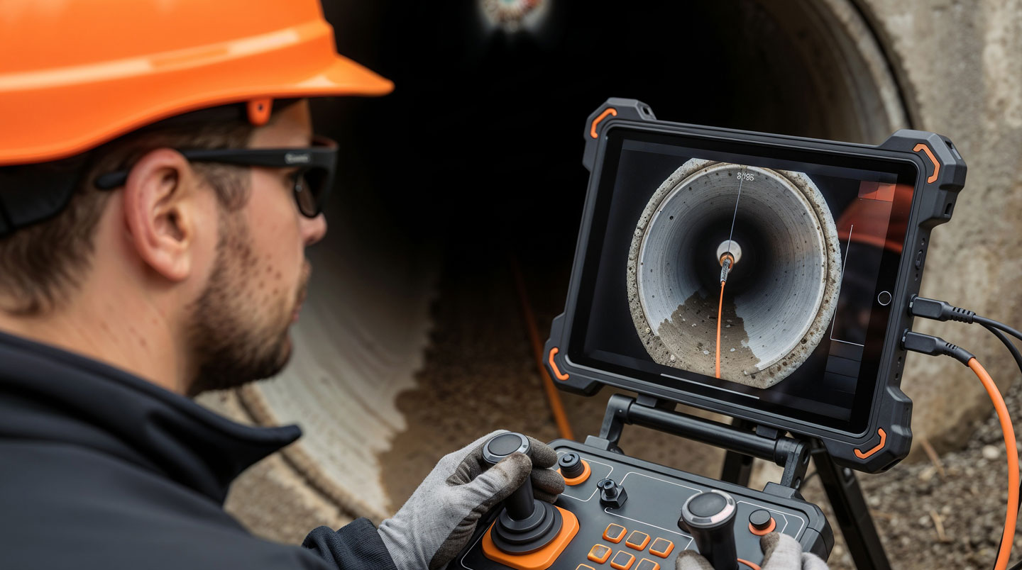 Vue d'une inspection par caméra HD dans une canalisation commerciale, révélant l'état intérieur du drain