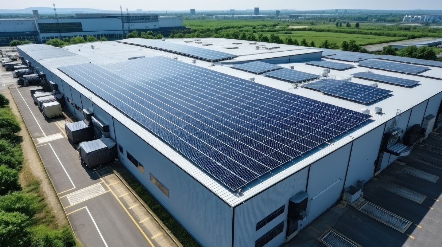 Vue en contre-plongée de panneaux solaires installés sur le toit plat d'un bâtiment commercial avec ciel bleu en arrière-plan