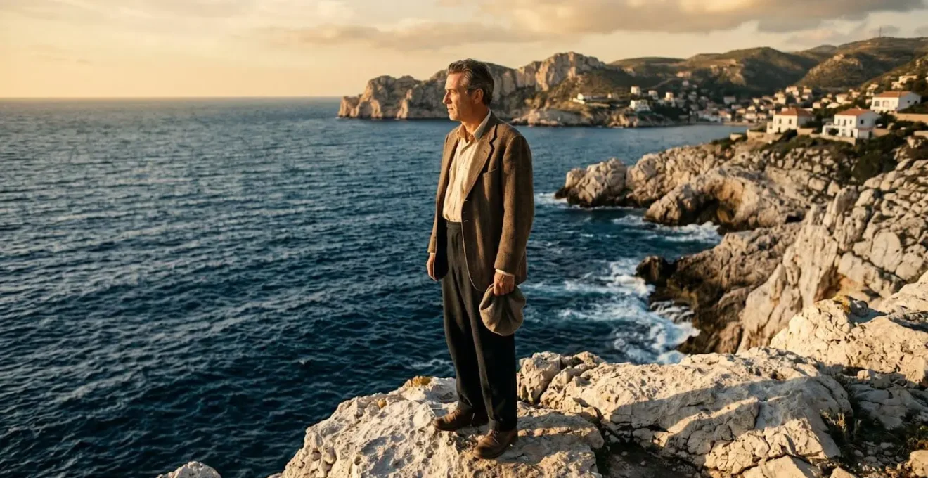 Portrait évocateur d'un homme contemplatif face à une mer méditerranéenne baignée de lumière dorée, rappelant l'univers sensible d'Albert Camus