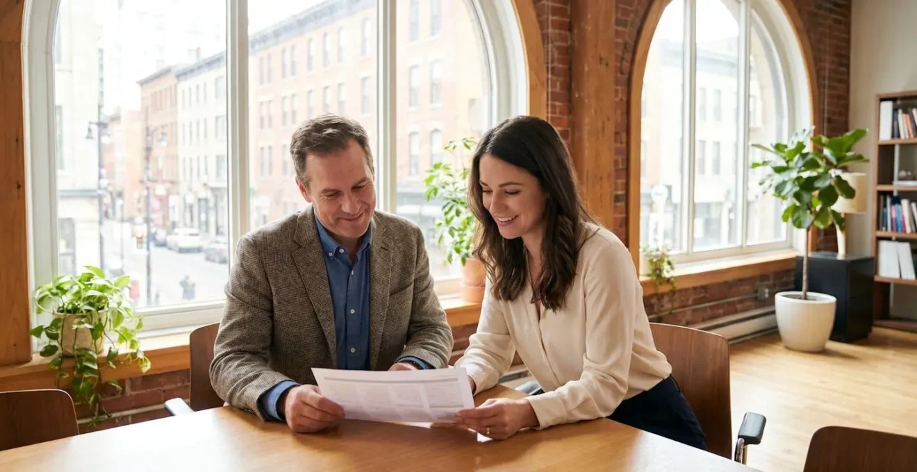 Un courtier en assurance et un entrepreneur assis côte à côte dans un bureau, examinant un document de synthèse des contrats, ambiance professionnelle et sereine