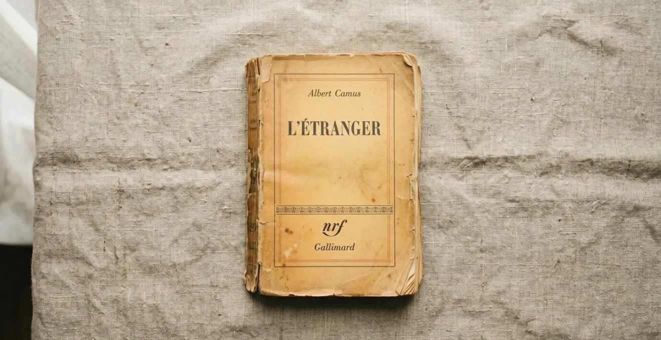 Première édition de L'Étranger d'Albert Camus chez Gallimard, couverture sobre sur fond blanc