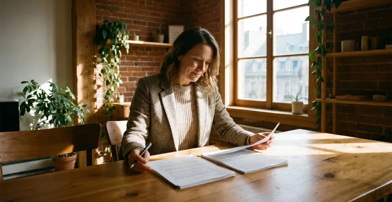 Une femme dirigeante de PME comparant deux documents de contrats d'assurance sur une table, stylo à la main, dans un bureau clair au Québec