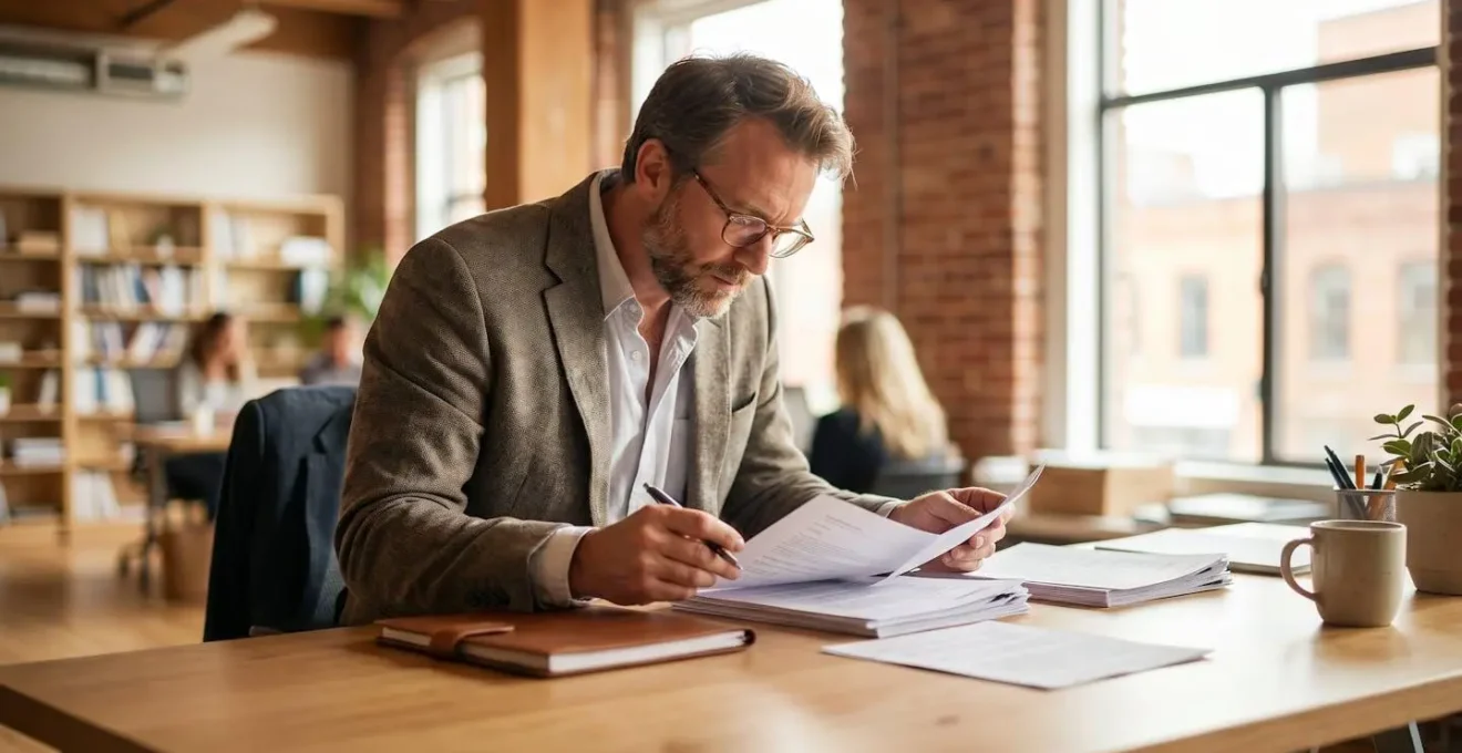 Un dirigeant de PME québécois examine plusieurs documents de contrats d'assurance sur son bureau, l'air concentré, dans un espace de travail moderne et lumineux