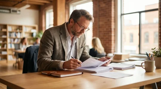 Un dirigeant de PME québécois examine plusieurs documents de contrats d'assurance sur son bureau, l'air concentré, dans un espace de travail moderne et lumineux