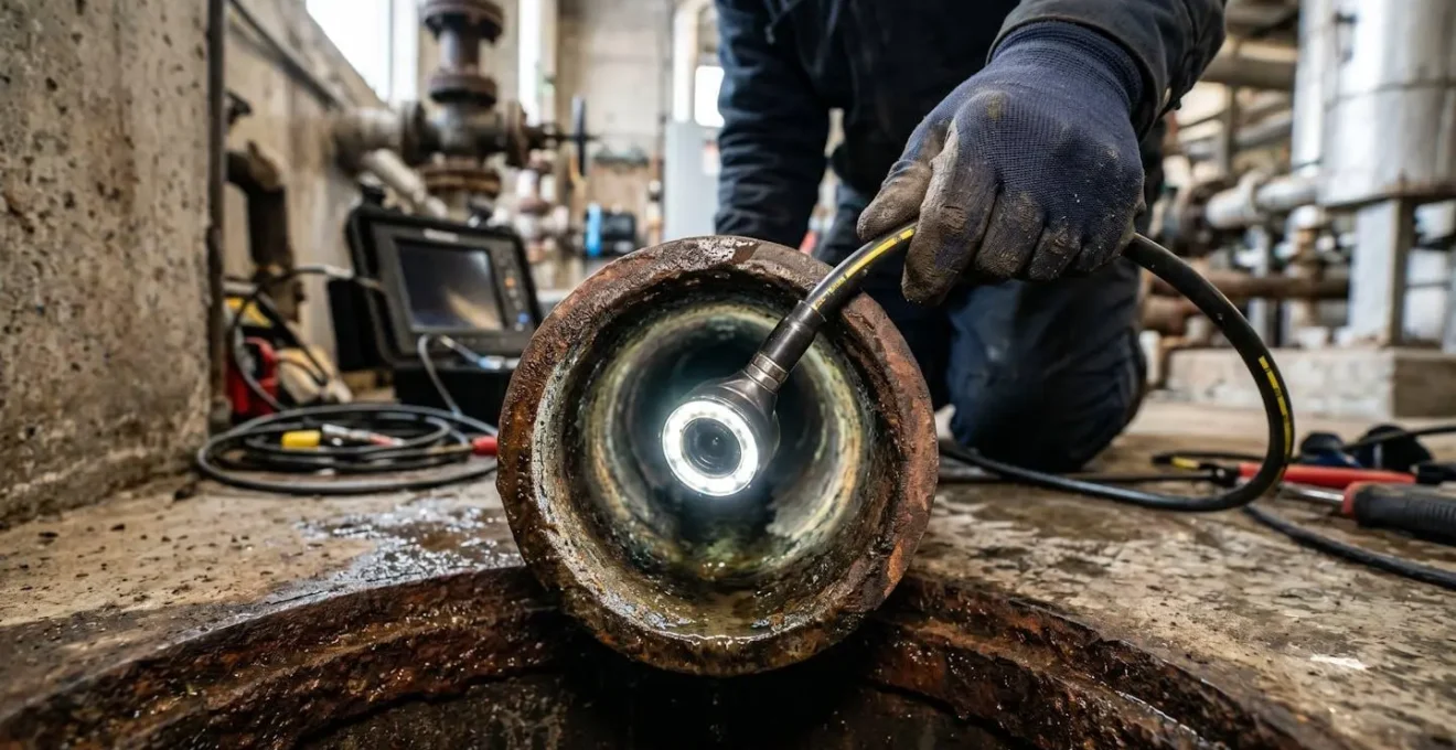Vue d'une inspection par caméra HD dans une canalisation commerciale, révélant l'état intérieur du drain