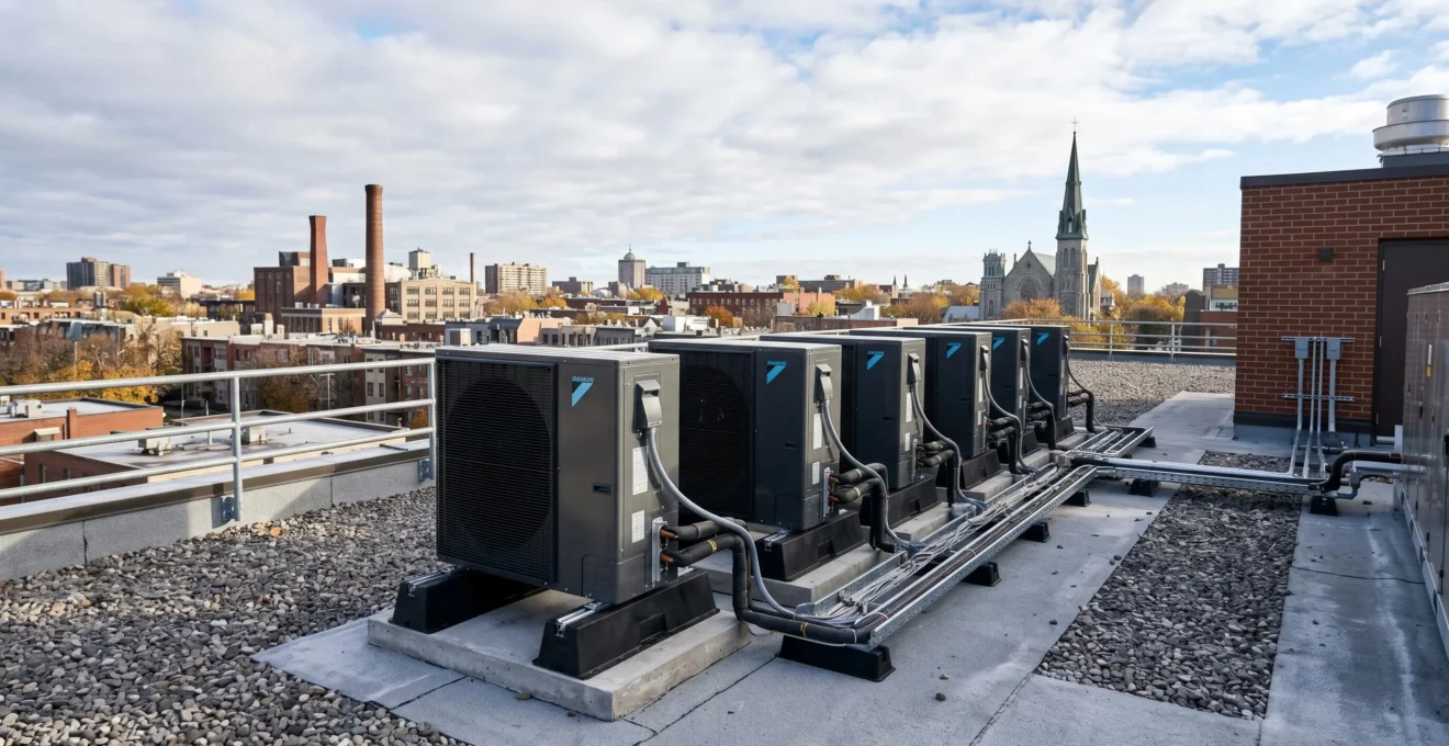 Installation de thermopompes commerciales multizones sur toit de bâtiment institutionnel avec architecture urbaine québécoise en arrière-plan