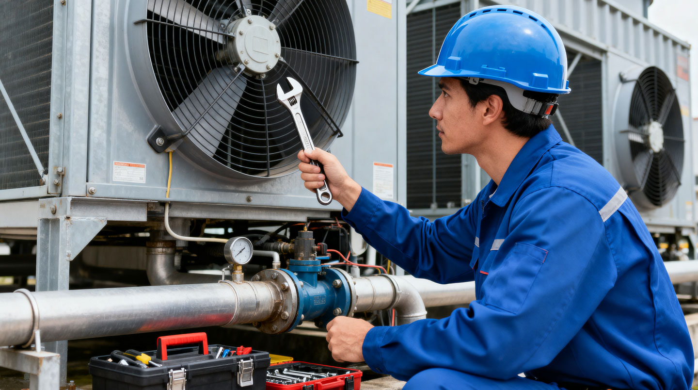 Technicien HVAC effectuant maintenance préventive sur unité murale commerciale dans espace institutionnel avec outils professionnels