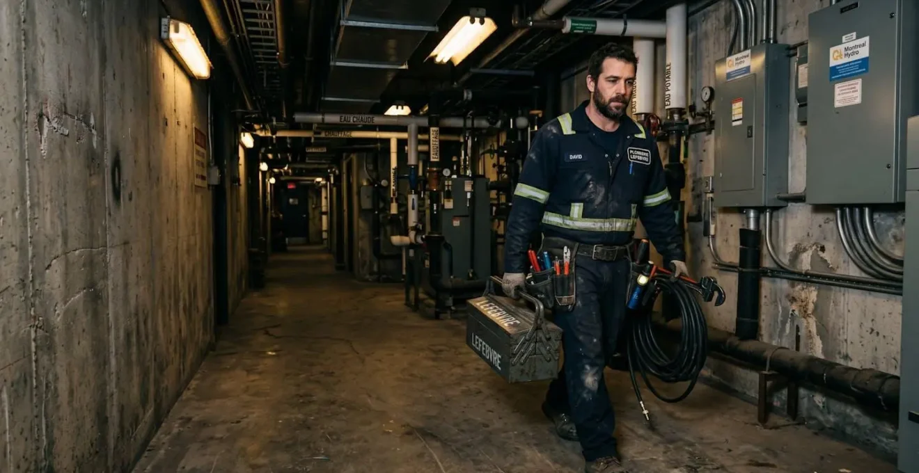 Plombier commercial intervenant en urgence de nuit dans un couloir technique d'un immeuble commercial montréalais