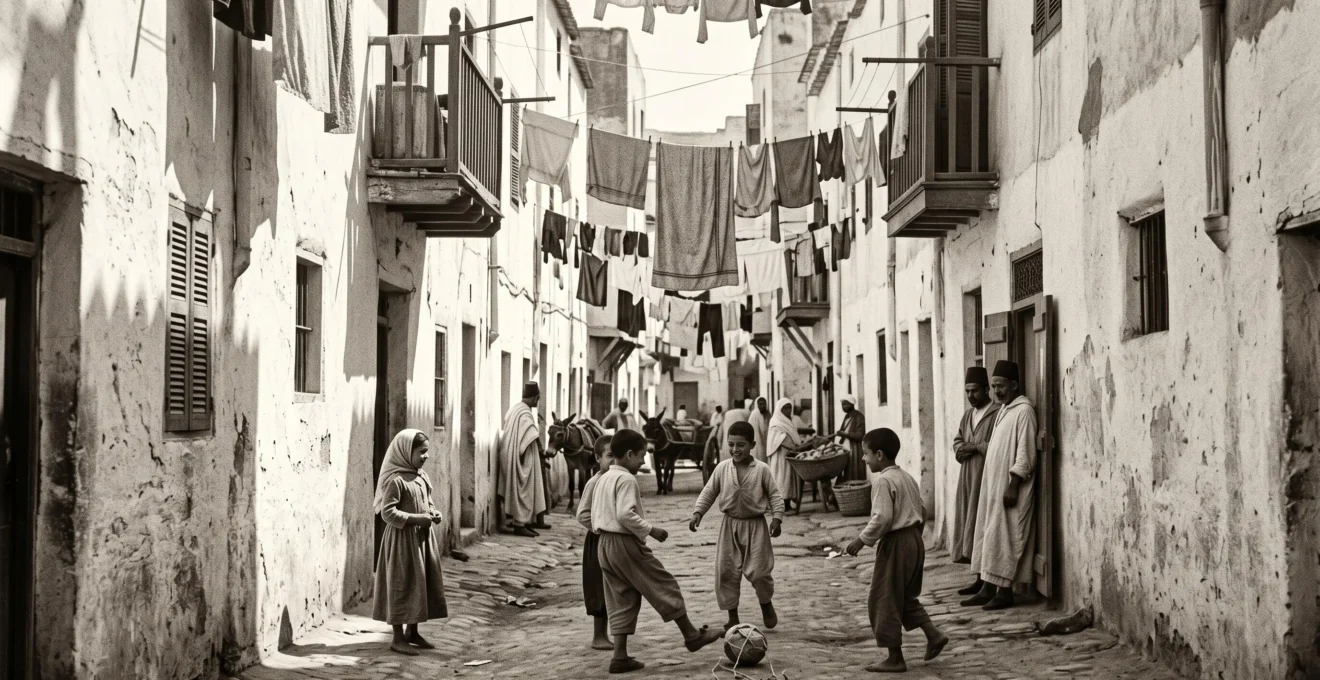 Ruelle populaire d'Alger dans les années 1930, quartier ouvrier baigné de soleil, évoquant l'enfance d'Albert Camus à Belcourt