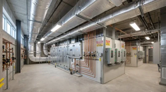 Salle mécanique d'un bâtiment institutionnel montrant installation HVAC commerciale avec unités de traitement d'air, conduits isolés et armoires de contrôle numériques