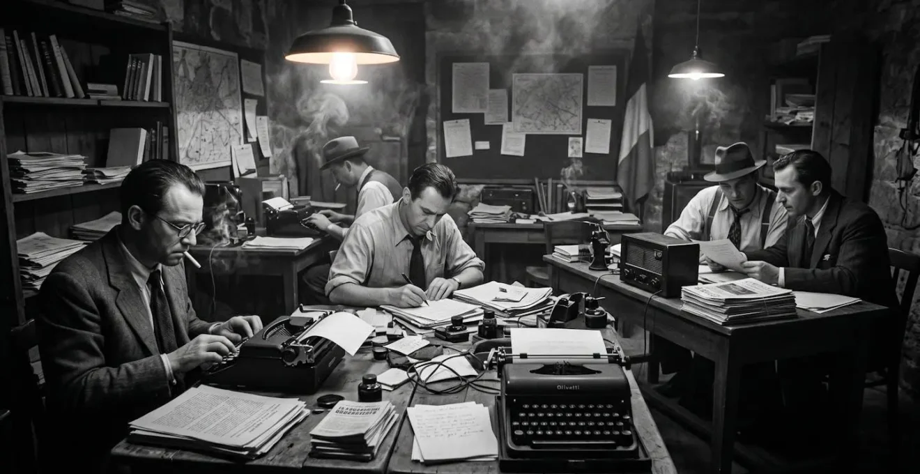 Salle de rédaction clandestine dans la France occupée de 1944, évoquant l'engagement de Camus dans la presse de la Résistance