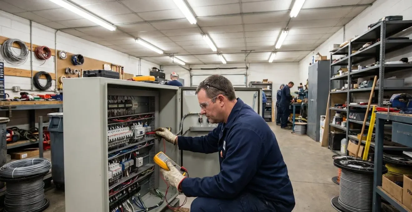 Technicien spécialisé examinant un tableau électrique dans un local commercial pour identifier les sources de surconsommation