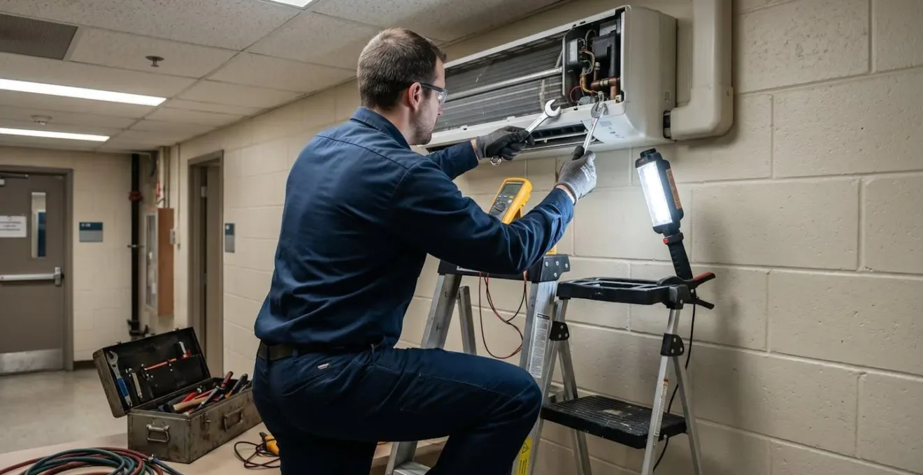Technicien HVAC effectuant maintenance préventive sur unité murale commerciale dans espace institutionnel avec outils professionnels