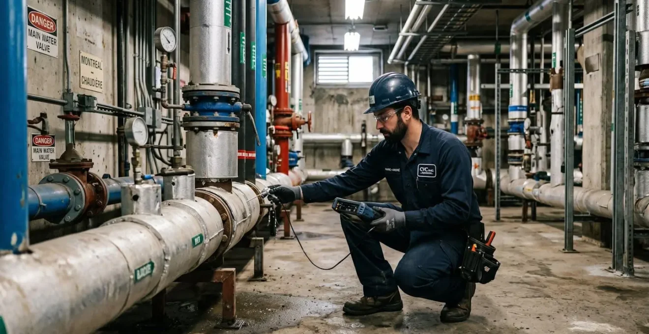 Technicien spécialisé en plomberie commerciale réalisant une inspection de canalisation dans un bâtiment commercial à Montréal