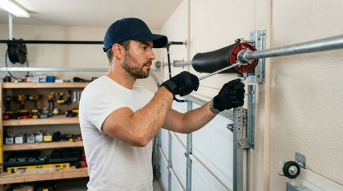 Technicien certifié utilisant des barres de torsion spécialisées pour ajuster avec précision le système de ressorts d'une porte de garage, portant équipement de sécurité.