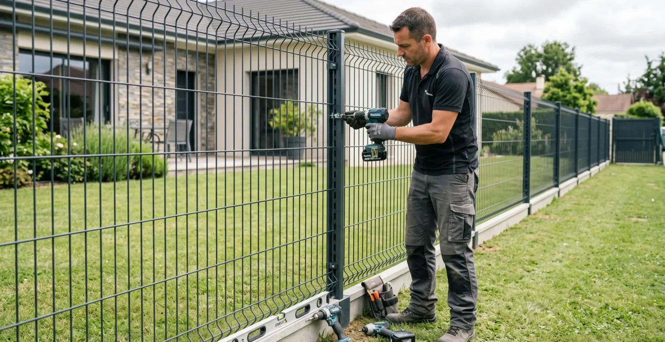 Artisan professionnel fixant un panneau de grillage rigide gris anthracite à maille rectangulaire sur poteaux métalliques dans un jardin résidentiel français contemporain, plaque de soubassement béton visible à la base