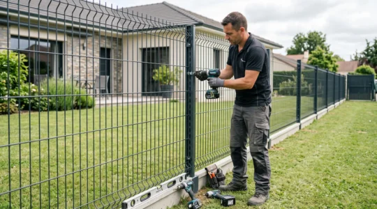 Artisan professionnel fixant un panneau de grillage rigide gris anthracite à maille rectangulaire sur poteaux métalliques dans un jardin résidentiel français contemporain, plaque de soubassement béton visible à la base