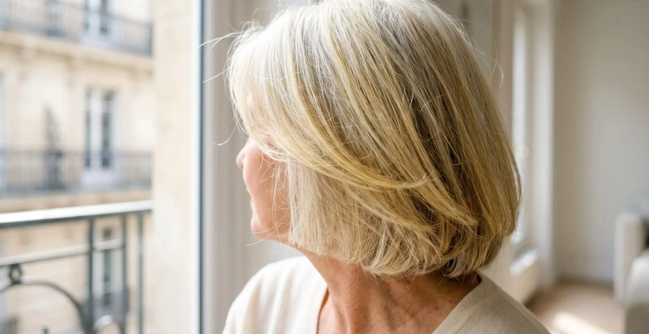 Gros plan sur cheveux blancs mi-longs avec reflets jaunes ivoire visibles sous lumière naturelle, texture capillaire nette au premier plan