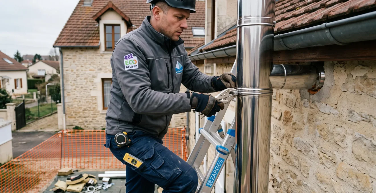Installateur RGE professionnel travaillant sur conduit de fumée inox avec échelle et outils spécialisés sur chantier résidentiel