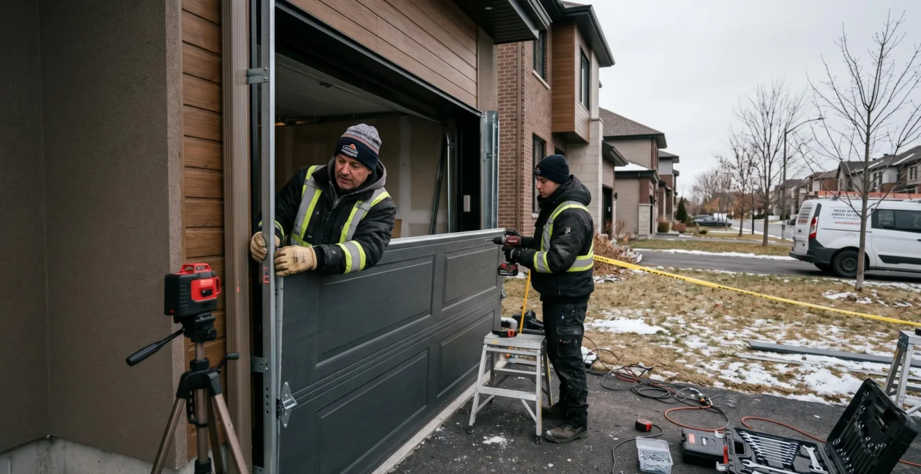 Deux techniciens professionnels installent une porte de garage sectionnelle isolée sur une résidence de la Rive-Sud de Montréal en contexte hivernal, avec outils spécialisés et équipement de sécurité.