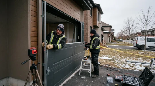 Deux techniciens professionnels installent une porte de garage sectionnelle isolée sur une résidence de la Rive-Sud de Montréal en contexte hivernal, avec outils spécialisés et équipement de sécurité.