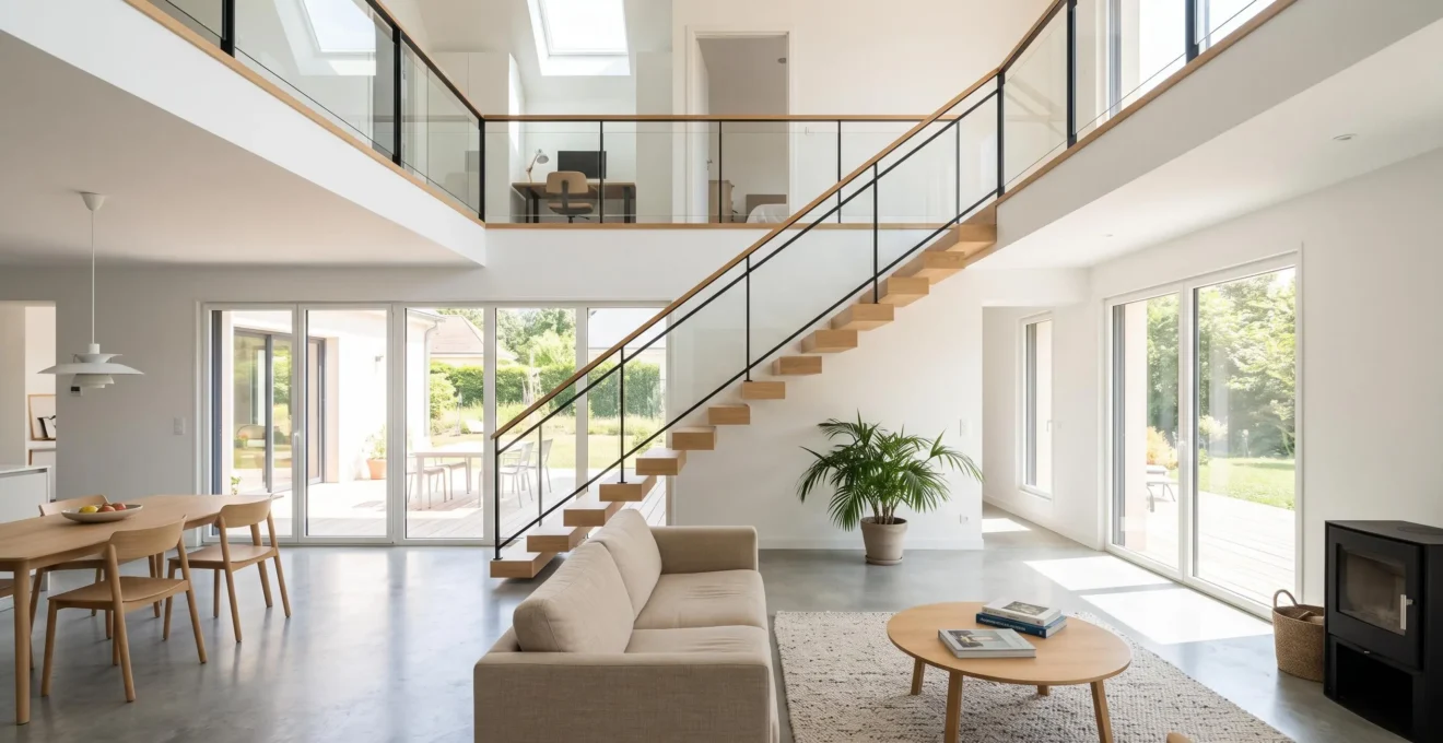 Intérieur open space contemporain avec escalier ouvert reliant rez-de-chaussée et étage, volumes communicants et double hauteur