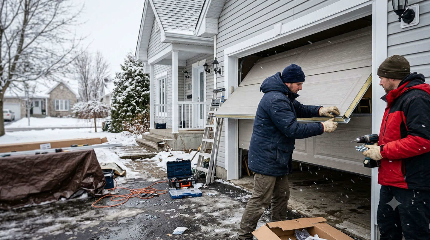 Coupe transversale d'un panneau de porte de garage sectionnelle isolée révélant les couches d'acier et l'isolation en polyuréthane assurant une valeur R élevée.
