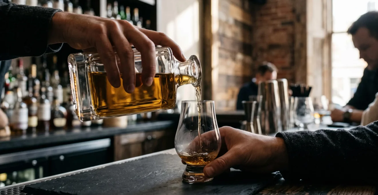 Gros plan sur des mains versant du whisky dans un verre tulipe en cristal, démontrant la technique de service appropriée.