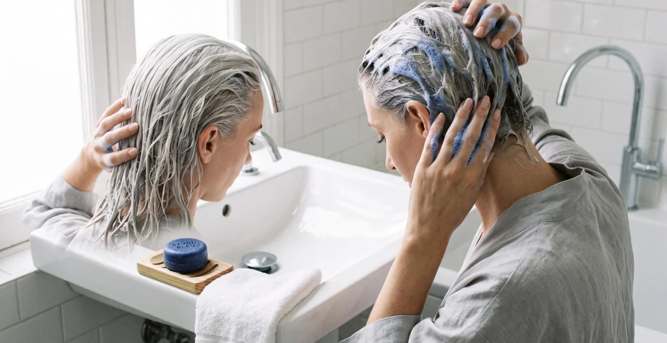 Personne aux cheveux blancs argentés massant sa chevelure mouillée avec une mousse de shampoing bleu visible, au-dessus d'un lavabo blanc moderne, shampoing solide bleu posé sur un porte-savon en bois en arrière-plan