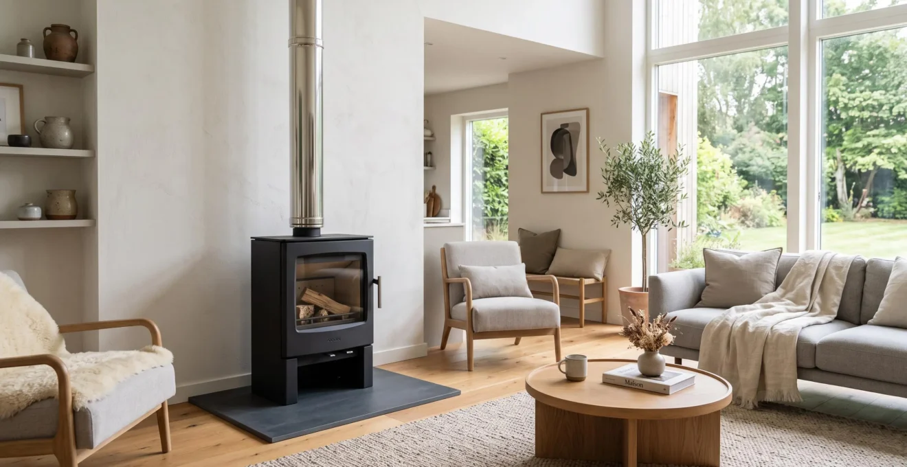 Poêle à bois moderne noir installé dans un salon contemporain lumineux avec conduit apparent, mobilier scandinave et grandes fenêtres