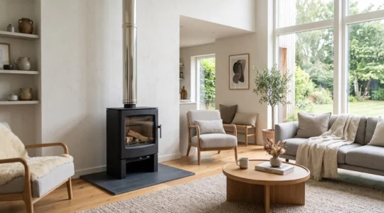 Poêle à bois moderne noir installé dans un salon contemporain lumineux avec conduit apparent, mobilier scandinave et grandes fenêtres