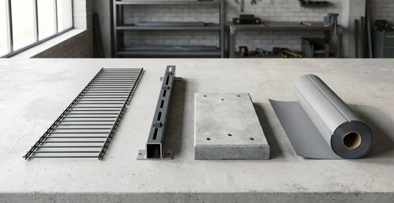 Vue détaillée des quatre composants d'un kit de clôture disposés côte à côte : panneau rigide gris anthracite à maille rectangulaire, poteau métallique à encoches ADfix, plaque de soubassement béton 25cm et bande de lamelles d'occultation PVC